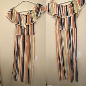 Derek Heart Maxi Striped Slit Side Stripe stretchy off the shoulder ruffle dress